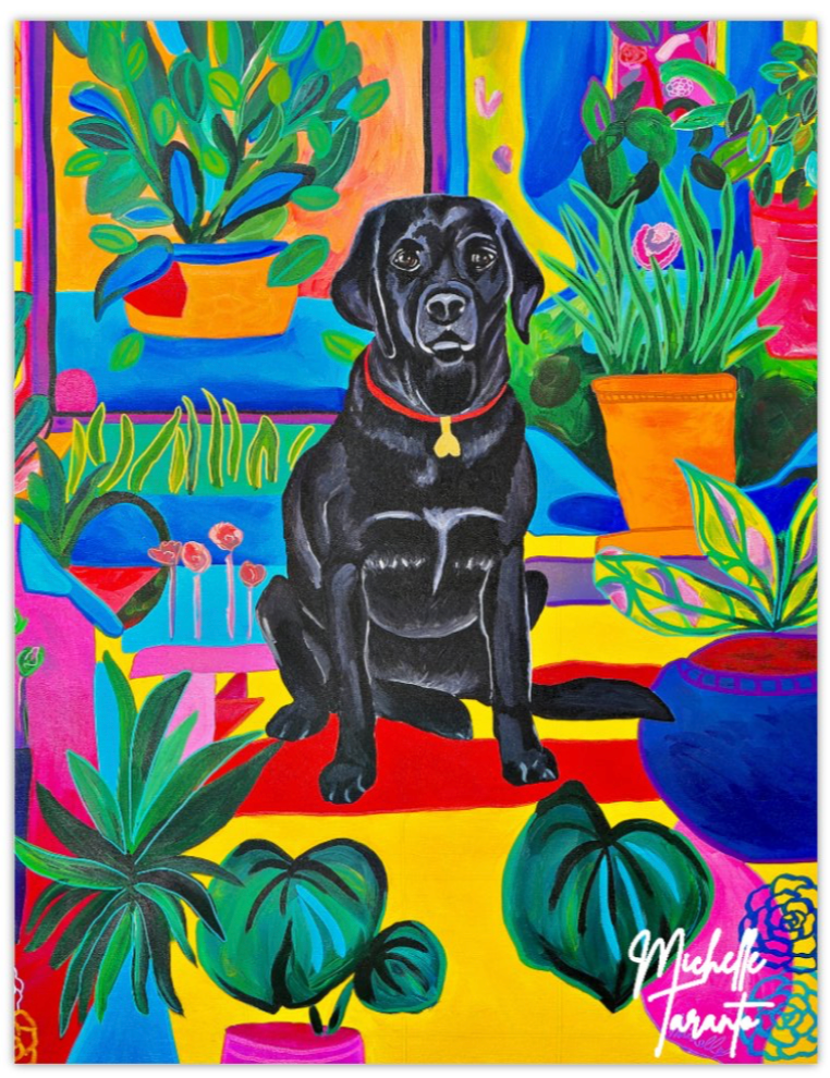Colorful artwork of a black dog surrounded by plants on a multicolored background